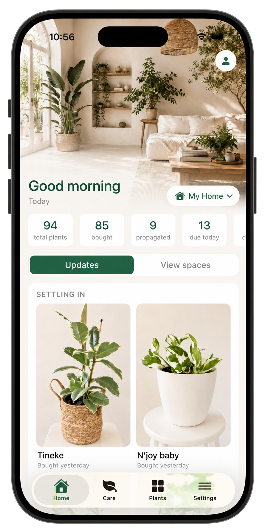 Liana Plant Care home screen showing plant collection statistics, recent plants and navigation.